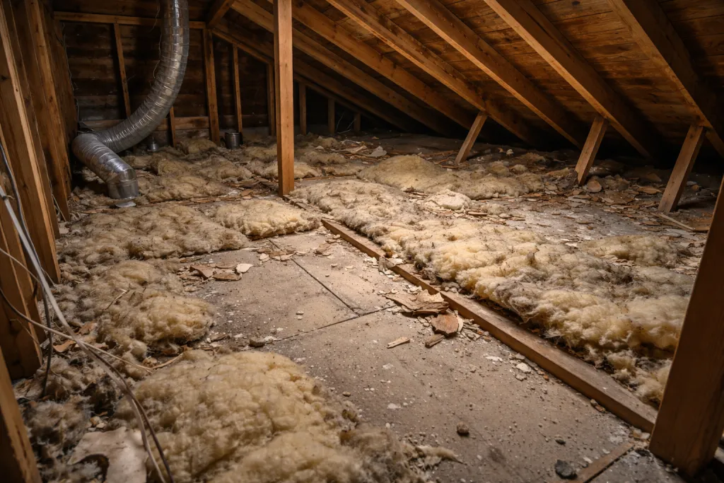 Attic space with sparse, damaged insulation before professional restoration