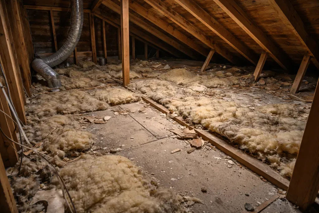 Sparse, deteriorating attic insulation between exposed wood framing before restoration